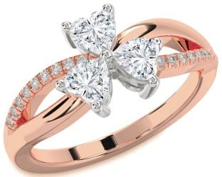 Diamond Rose Gold Silver Shamrock Heart Three Stone Ring