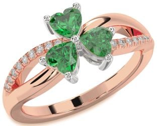 Diamond Emerald Platinum & Rose Gold Shamrock Heart Three Stone Birthstone Ring