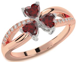 Diamond Emerald Platinum & Rose Gold Shamrock Heart Three Stone Birthstone Ring
