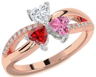 Diamond Emerald Platinum & Rose Gold Shamrock Heart Three Stone Birthstone Ring