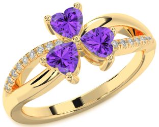 Diamond Emerald Gold Shamrock Heart Three Stone Birthstone Ring