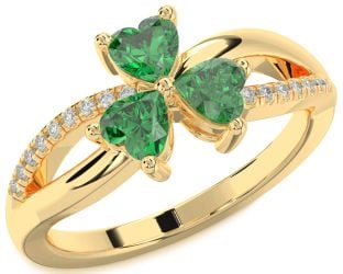 Diamond Emerald Gold Shamrock Heart Three Stone Birthstone Ring