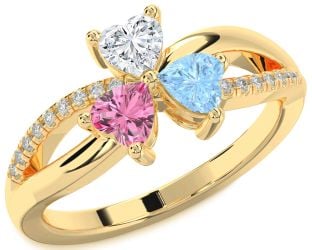 Diamond Gold Shamrock Heart Three Stone Mother's Ring