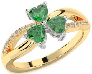 Diamond Emerald Platinum & Yellow Gold Shamrock Heart Three Stone Birthstone Ring