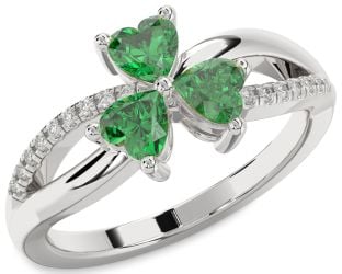 Diamond Emerald Platinum Shamrock Heart Three Stone Birthstone Ring