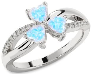 Diamond Emerald Platinum Shamrock Heart Three Stone Birthstone Ring