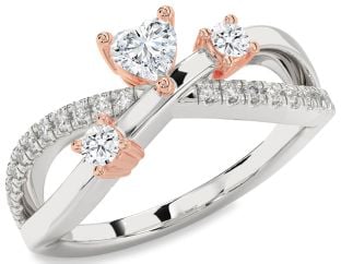 Diamond Silver & 10K Rose Gold Heart Three Stone Ring