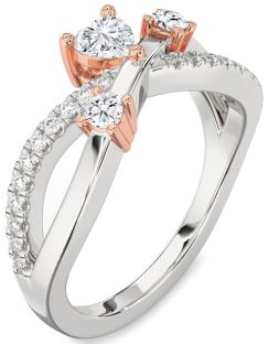Diamond Silver & 10K Rose Gold Heart Three Stone Ring