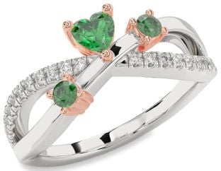 Diamond Emerald Platinum & Rose Gold Heart Three Stone Birthstone Ring