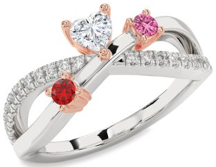 Diamond Emerald Platinum & Rose Gold Heart Three Stone Birthstone Ring