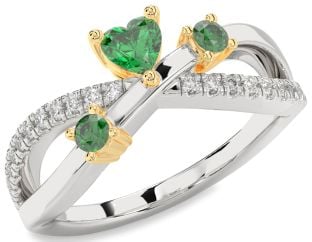 Diamond Emerald Platinum & Yellow Gold Heart Three Stone Birthstone Ring