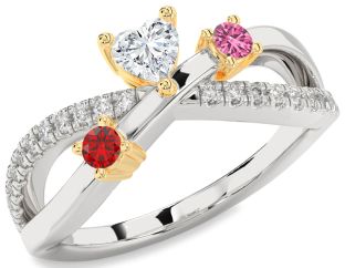 Diamond Emerald Platinum & Yellow Gold Heart Three Stone Birthstone Ring