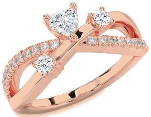 Diamond Rose Gold Silver Heart Three Stone Ring