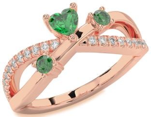Diamond Emerald Rose Gold Heart Three Stone Birthstone Ring