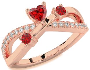 Diamond Emerald Rose Gold Heart Three Stone Birthstone Ring
