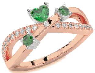 Diamond Emerald Platinum & Rose Gold Heart Three Stone Birthstone Ring