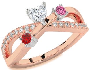 Diamond Emerald Platinum & Rose Gold Heart Three Stone Birthstone Ring