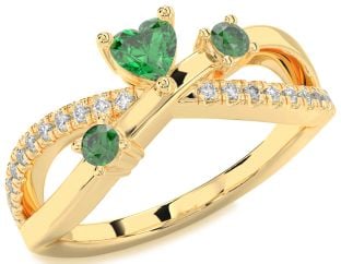 Diamond Emerald Gold Heart Three Stone Birthstone Ring