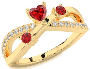 Diamond Emerald Gold Heart Three Stone Birthstone Ring