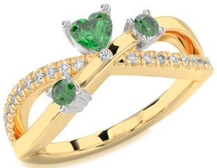Diamond Emerald Platinum & Yellow Gold Heart Three Stone Birthstone Ring