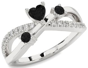 Black Diamond Silver Heart Three Stone Ring