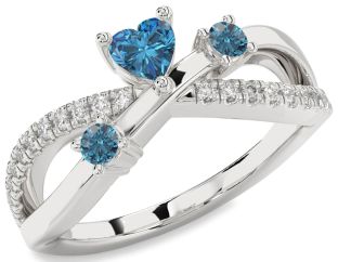 Blue Diamond Silver Heart Three Stone Ring