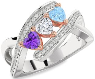 Diamond White Rose Gold Heart Three Stone Mother's Ring