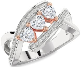 Diamond Silver & 10K Rose Gold Heart Three Stone Ring