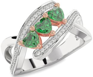 Diamond Emerald Platinum & Rose Gold Heart Three Stone Birthstone Ring