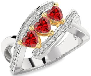 Diamond Emerald Platinum & Yellow Gold Heart Three Stone Birthstone Ring