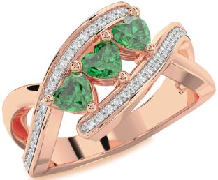 Diamond Emerald Rose Gold Heart Three Stone Birthstone Ring