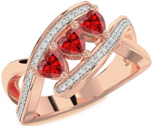 Diamond Emerald Rose Gold Heart Three Stone Birthstone Ring