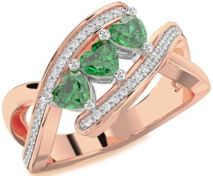 Diamond Emerald White Rose Gold Heart Three Stone Birthstone Ring