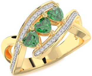 Diamond Emerald Gold Heart Three Stone Birthstone Ring