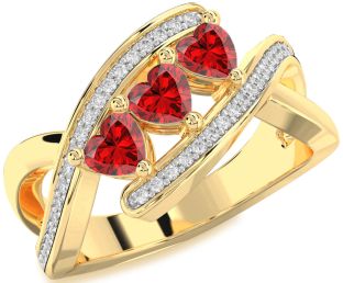 Diamond Emerald Gold Heart Three Stone Birthstone Ring