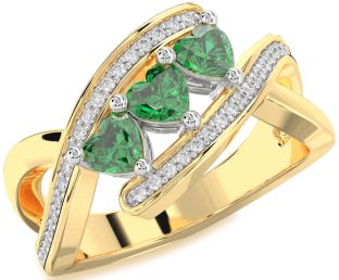 Diamond Emerald Platinum & Yellow Gold Heart Three Stone Birthstone Ring