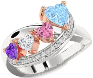 Diamond Silver & 10K Rose Gold Heart Four Stone Mother's Ring