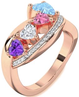 Diamond Rose Gold Silver Heart Four Stone Mother's Ring