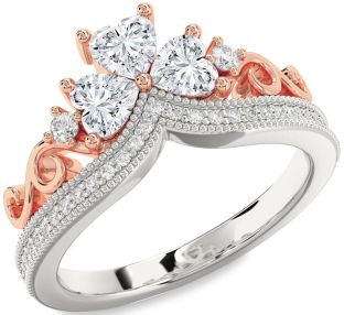 Diamond Silver & 10K Rose Gold Crown Heart Three Stone Pave Ring