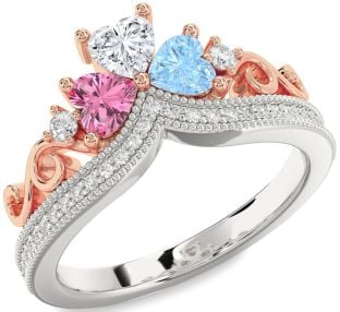 Diamond White Rose Gold Crown Heart Three Stone Pave Mother's Ring