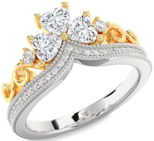 Diamond Silver & 10K gold Crown Heart Three Stone Pave Ring