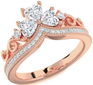 Diamond Rose Gold Silver Crown Heart Three Stone Pave Ring