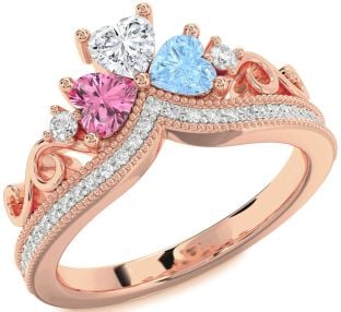 Diamond Rose Gold Silver Crown Heart Three Stone Pave Mother's Ring