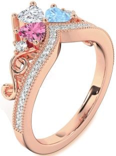Diamond Rose Gold Crown Heart Three Stone Pave Mother's Ring