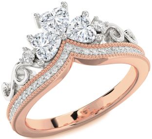 Diamond Rose Gold Silver Crown Heart Three Stone Pave Ring