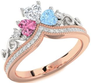Diamond Platinum & Rose Gold Crown Heart Three Stone Pave Mother's Ring