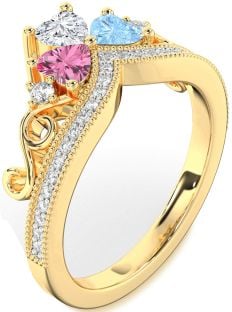 Diamond Gold Crown Heart Three Stone Pave Mother's Ring
