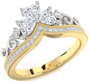 Diamond White Yellow Gold Crown Heart Three Stone Pave Ring