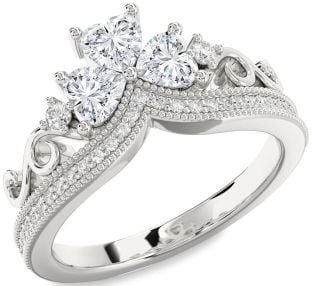 Diamond Platinum Crown Heart Three Stone Pave Ring