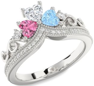 Diamond Silver Crown Heart Three Stone Pave Mother's Ring